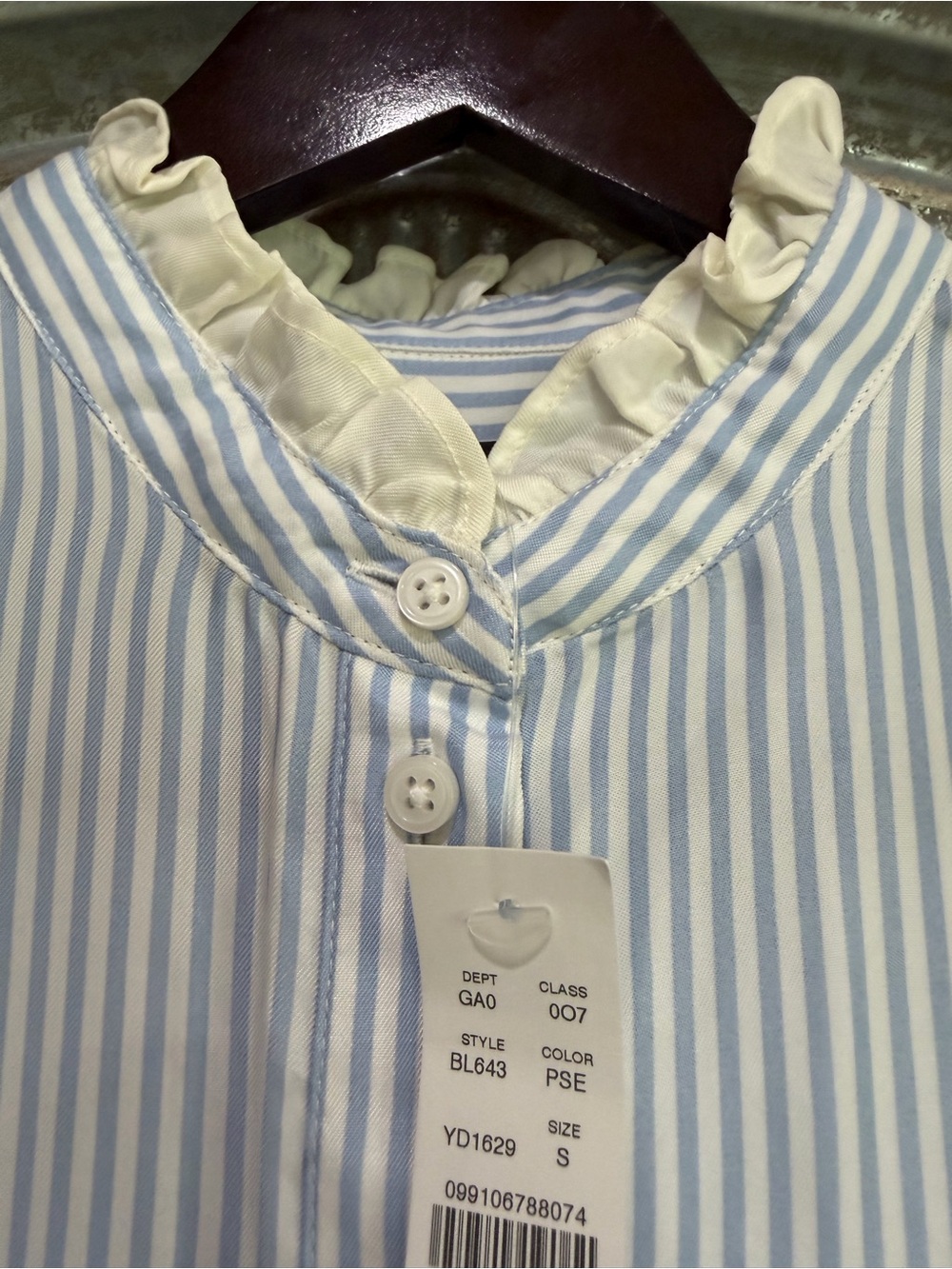 J. Crew Light Blue and White Striped Ivory Ruffle-Neck Button Down Blouse - Picture 4 of 6